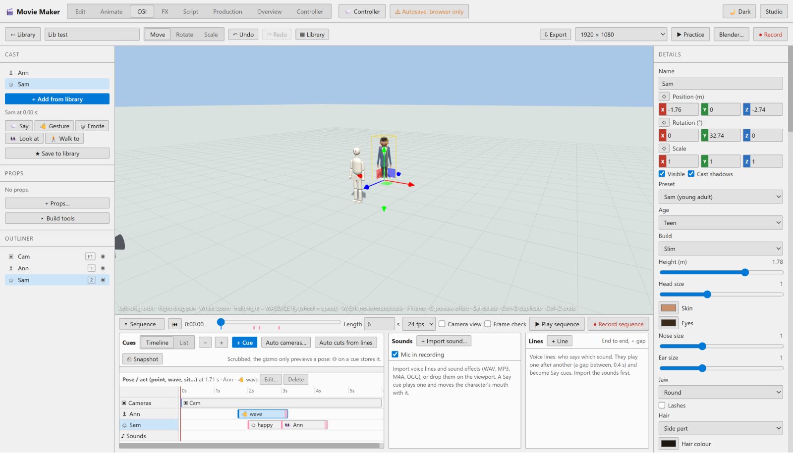 Directing a 3D scene in Movie Maker Hollywood Pro: acting buttons, timeline cues and character details