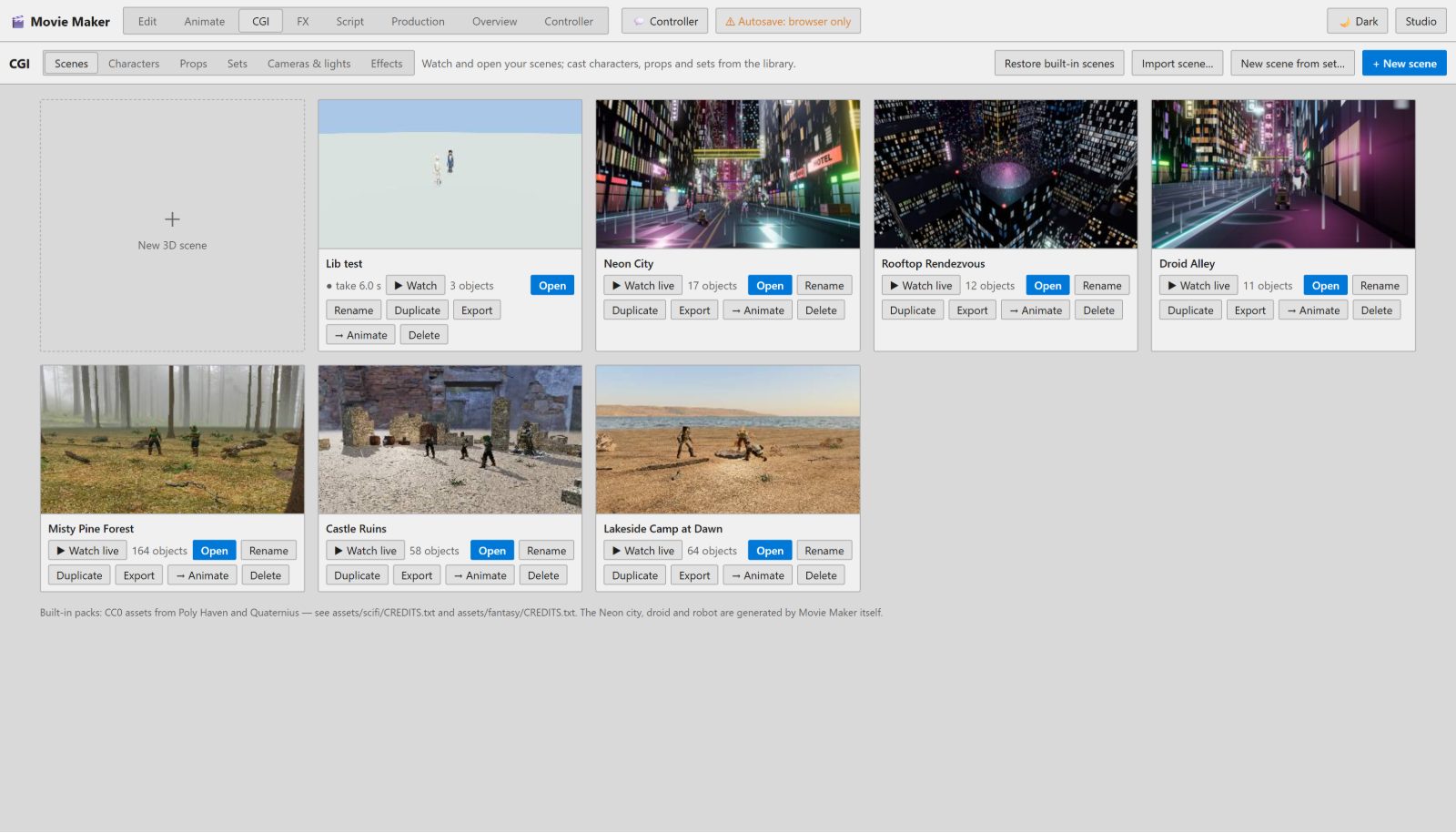 Built-in 3D scenes to start from: neon streets, a misty forest, castle ruins and more